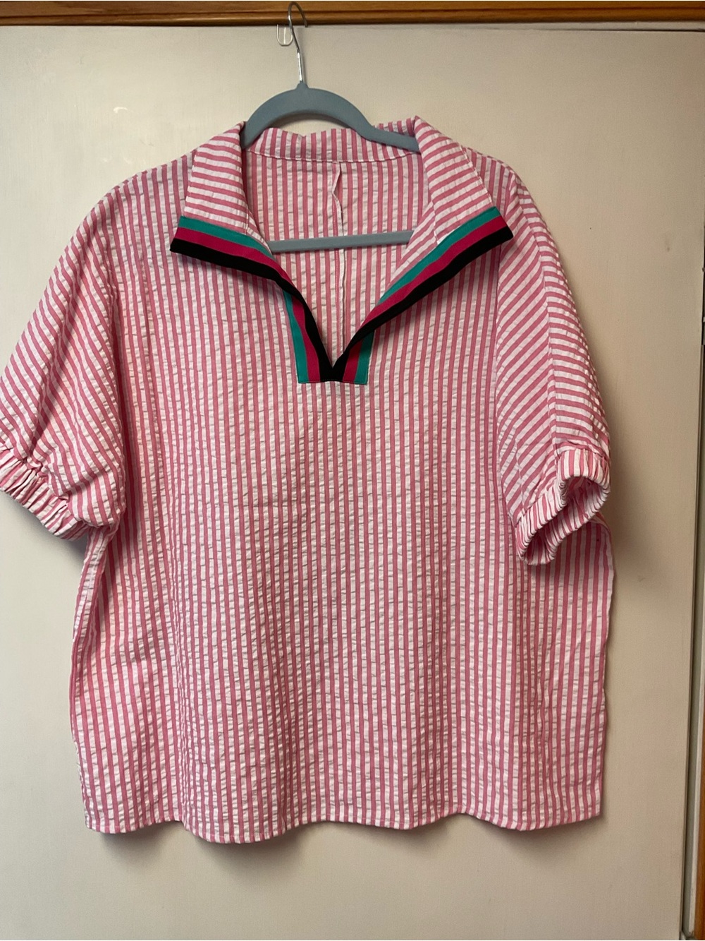 Pink Stripe Popover Top with Contrast Trim